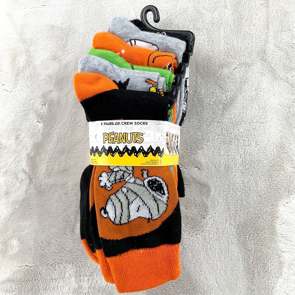 Peanuts Halloween Snoopy Woodstock Crew Socks 6 Pair Pack Mens Shoe Size 6-12